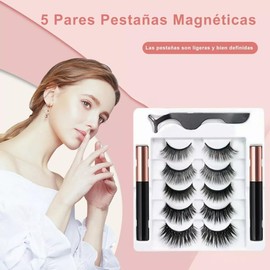 Pestañas Postizas Magneticas de 5 Pares, Kit de Pestañas Naturales 3D en Varios Estilos,con 2 Lápices Delineadores Magnéticos y Pinzas,Pestañas Postizas set Completo Reutilizables y Impermeable(Negro)