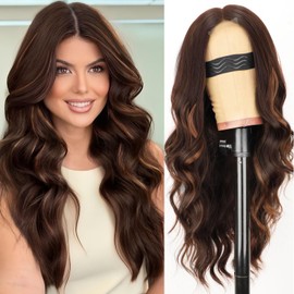 AISI HAIR Chocolate Copper Brown Mixed Light Brown Wig for Women, Long Wavy Lace Hairline Middle Part Synthetic Heat Resistant Wig for Daily Party-26 Inch