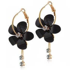 ANDPAI Elegant Romantic Bohemian Crystal Acrylic Rose Flower Dangle Drop Earrings Five Leaves Exaggerated Round Hoop long Tassel Earring for Women Statement Jewelry Gifts (Black)