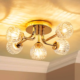 AGV LIGHTING CL041 Modern Crystal Ceiling Light Fixture, Semi Flush Mount Ceiling Light, G9 Base 5-Lights, D12 x H6, Clear Crystal & Shining Gold Finish Metal Frame