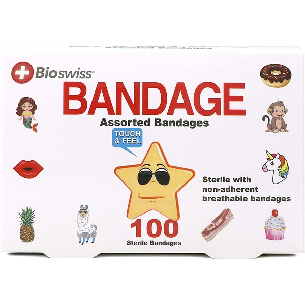 BioSwiss Novelty Bandages Self-Adhesive Funny First Aid, Novelty Gag Gift 24pcs (Assorted 100 Pack)