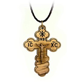 Orthodox Eastern Cross & Crucifix Silhouette, Wooden Cross Necklace for Men & Women, Certified Holy Land Olive Wood Pendant Necklace from Bethlehem Israel, Christian & Catholic Religious Keepsake Gift