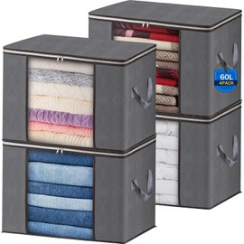 AIOR Pack of 4 60 L Large Storage Bags, Foldable Underbed Clothes Storage Cupboard Organiser Set, for Bedding, Clothes, Blankets, Pillows, Quilt Season Item Storage, 55 x 35 x 32 cm