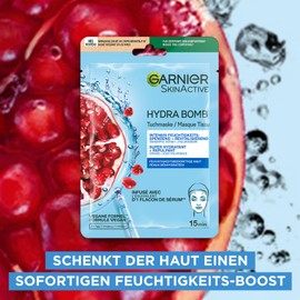 Garnier SkinActive Hydra Bomb Tuchmaske – intensiv feuchtigkeitsspendend und revitalisierend, mit Hyaluronsäure und Granatapfel-Extrakt, 5x28g