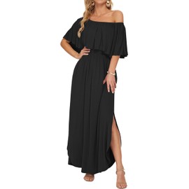 AUSELILY Womens Off The Shoulder Dress Summer Casual Long Ruffle Party Side Split Beach Maxi Dresses with Pockets Black XL