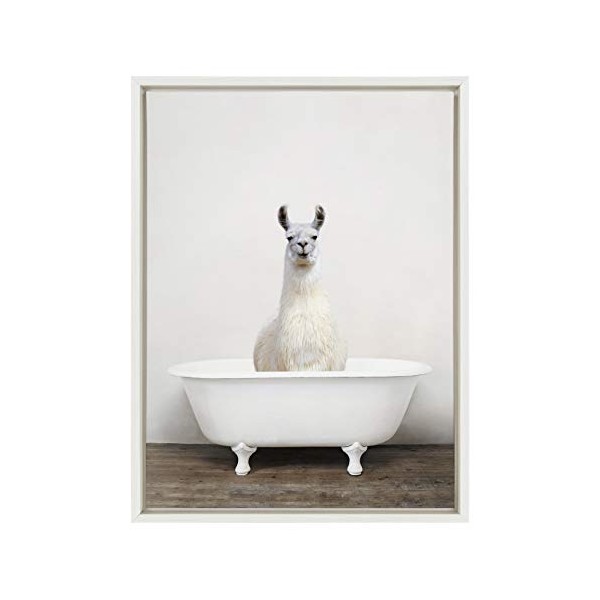 Kate and Laurel Sylvie Alpaca in The Tub Color Framed Canvas Wall Art by Amy Peterson, 18x24 White, Whimsical Animal Art for Wall