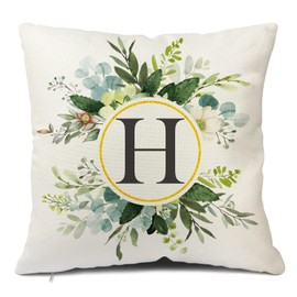 Snylcee Monogram Letter H Throw Pillow Covers Floral 18x18 Inch, Greenery Spring Pillows Decorative Throw Pillows Pillowcase Summer Farmhouse Decor for Couch Sofa, Family Last Name Initial Pillow Case