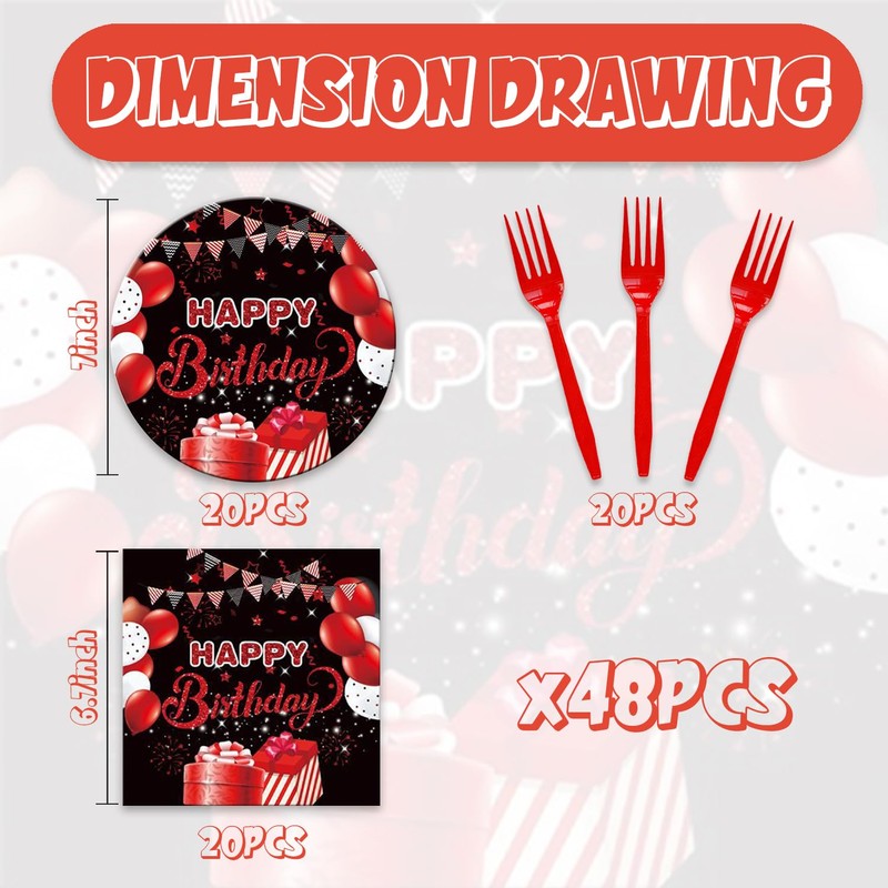 48pcs Red and Black Party Supplies,include 16 Dessert plate,16 Napkin