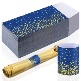 300 Pcs Blue Gold Paper Napkin Bands Paper Napkin Rings Self Adhesive Glitter Round Dots Silverware Wraps Bands Table Setting Wedding Event Party Supply