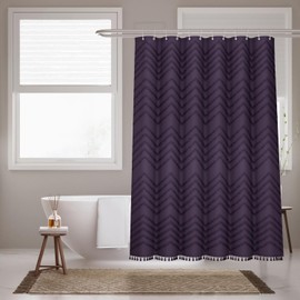 Inhousolu Boho Woven Fabric Shower Curtain, Tufted Textured Chevron Striped Tassel, Modern Farmhouse Minimalist Cloth, Water-Repellent Washable Bath Curtain for Bathroom Hotel 72" W x 72" L Purple