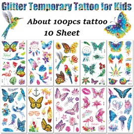 Children's Tattoos, 10 Sheets Glitter Butterfly Temporary Tattoo Set, Waterproof Skin-Friendly Tattoo for Girls and Boys, Birthday Party Decoration Accessories for Children's Birthday Party Bags