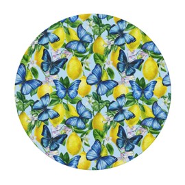 Famame Citrus Lemons Blue Butterfly Fitted Round Tablecloth Waterproof Table Cloth with Elastic Edge Wipe Clean Table Cover for Indoor Outdoor Fits 45"-50", Medium
