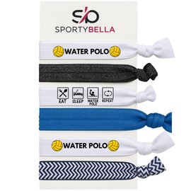 Water Polo Hair Ties Set – 6pc No-Crease Elastic Ponytail Holders with “Eat Sleep Water Polo Repeat” and Ball Designs, Chevron, Blue and Black Glitter Bands, Accessories for Girls or Athletes