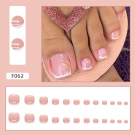 24 Stück Französische Zehennägel Kurz Quadratisch – Künstliche Press-On Zehennägel in Rosa & Weiß – Wiederverwendbare Acryl-Nagel-Tipps mit Design für Frauen – Inkl. Kleber & Feile