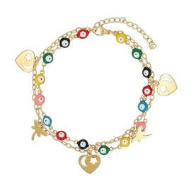 Akzent Fußkette Damen Edelstahl 2-reihig 23+5 cm verstellbar – Fußkettchen „Prisara“ mit Palmen-, Herz- & Nazar-Augen-Anhängern, silber- oder goldfarben