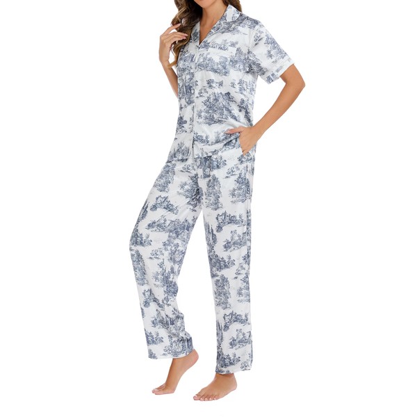 LUBOT Silk Pajamas for Women Satin Pajama Sets Printed PJ