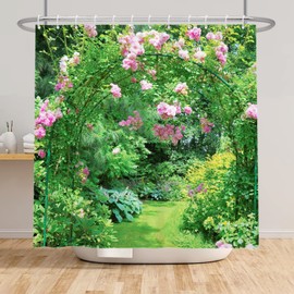 Bovlleetd 180 x 200 cm Summer Landscape Shower Curtain 3D Forest Cabin Shower Curtains Green Plant Pink Flowers Bathroom Curtain Wreath Arch Bath Curtain Waterproof Bath Curtain