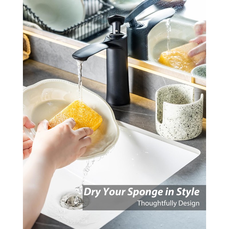 Zoeeker Kitchen Sink Sponge Holder, Dish Sponge Rack Ceramic Brush