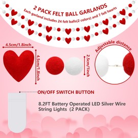 FYSUIMU 2Pcs Valentine's Day Felt Ball Banner with String Lights Felt Heart Banner Red White Pom Pom Garland for Wedding Anniversary Party Home Wall Decor
