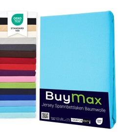 Buymax® Fitted Sheet, 100% Cotton Jersey, for Mattresses Up to 25 cm High, 180 x 200 cm, Turquoise
