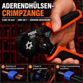PEBA Ferrule Pliers Set 0.08-10 mm², Hexagonal Crimping Pliers Self-Adjusting with Ratchet, 28 Sizes Ferrules Including Twin Sleeves, Insulated & Uninsulated Sleeves, DIN 46228