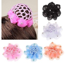 UTENEW Girls' Hair Bun Covers, 5 Pack Snood Bun Covers for Dance, Ballet, Gymnastics, Sports, Party, Everyday Use, Knit Mesh Fabric with Rhinestone, Multi-colored