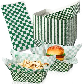 Geosar 100 Pcs Gingham Party Supply Disposable Paper Food Tray Bulk Disposable Food Boat with Checkered Wax Paper Sheet Checkered Wrapping Supply for Carnival Picnic Birthday Party (Dark Green White)