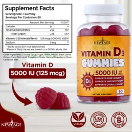 NEW AGE Vitamin D3 5000 IU 125mcg Gummies - Support Immune Support, Strong Bone Health - Non-GMO, Gluten-Free, Dairy-Free, No Gelatin (60 Gummies (Pack of 1))
