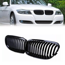E90 Grill Front Kidney Grille Replacement Compatible With 3 series E90 323i 328i 328xi 335d 335i 335xi Sedan LCI E91 328i 328xi Touring Easy Installation (Single Slat/Gloss Black, E90 (2009-2011))