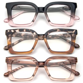 KoKoBin 3 Pack Square Frame Oprah Style Reading Glasses for Women, Blue Light Blocking Comfortable +2.75