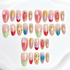 30Pcs Ocean Press on Nails Medium Almond Fake Nails Red French Tip with Flower Design Starfish Shell False Glossy Acrylic Nails Gold Pearl Glue on Nail Reusable Stick on Nails for Women