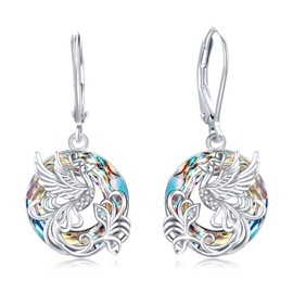Phoenix Earrings, 925 Sterling Silver Crystal Phoenix Lever Back Dangle Earrings for Women "Rising from Ashes" Nirvana by Phoenix Jewellery Gifts for Birthday Christmas, Sterling Silver
