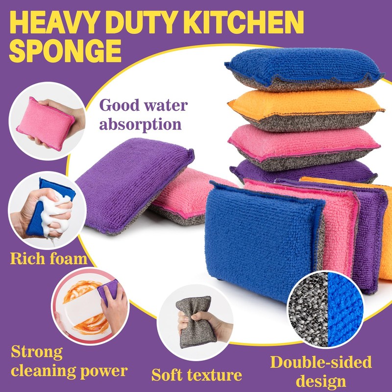 MAQIHAN 8 Pack Microfiber Sponge Kitchen - Dish Scrubber Sponge