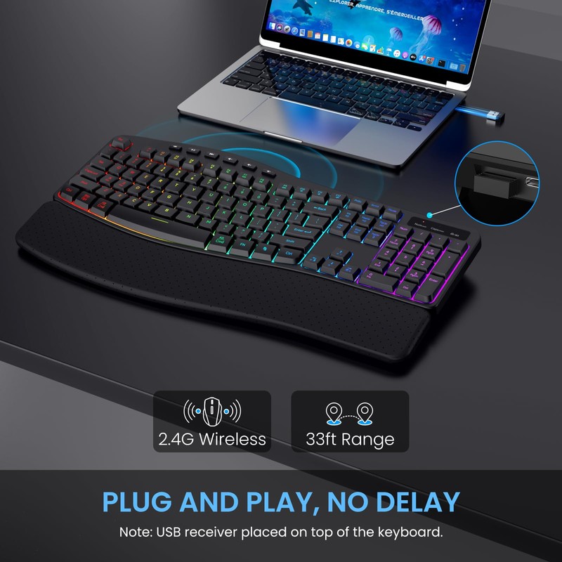 COLIKES Wireless Ergonomic Keyboard, Backlit Keyboard Silent with 15 RGB
