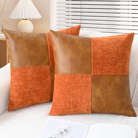 CaliTime Throw Pillow Covers Decorative 18 X 18 Inches Pack of 2 Cozy Chenille Faux Leather Splicing Cushion Cases for Couch Sofa Bed Living Room Home Burnt Orange