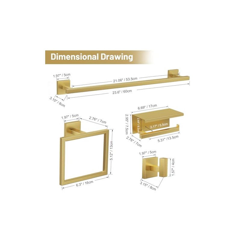 TURS Brushed Gold 5 Pieces Bathroom Hardware Set, SUS304 Stainless