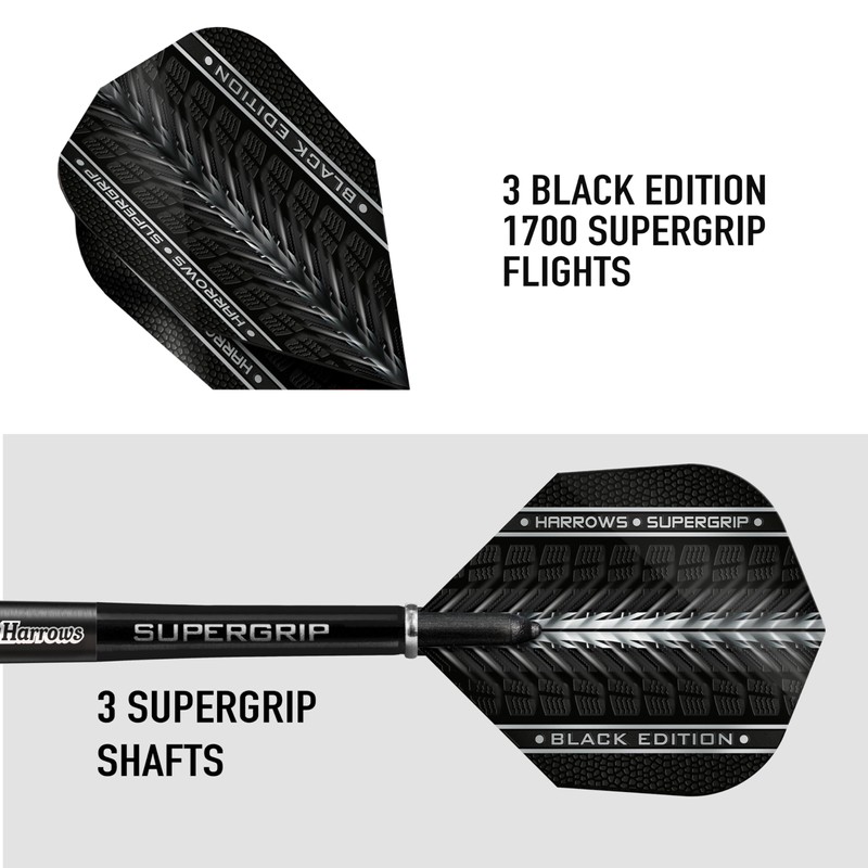 Harrows SUPERGRIP BLACK EDITION 90% Tungsten Steel Tip Darts Set.