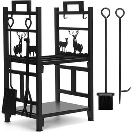 INNO STAGE Firewood Rack Fireplce Firepit Tools Set Double Layer Iron Wood Log Holder for Fire Place Outdoor Indoor Accessories-Brush, Shovel, Tong, Hook
