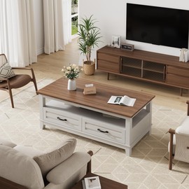 GarveeHome Farmhouse Coffee Table with Drawers, 47.2" Center Table Rustic Coffee Tables Walnut Living Room Table with Open Shelf, 6 Support Legs