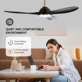 Fanliving 52 Inch Quiet DC Motor 6 Speed High CFM Ceiling Fan with Lights Remote Control, 3 Blade Black Gold Indoor Bedroom Modern Ceiling Fan