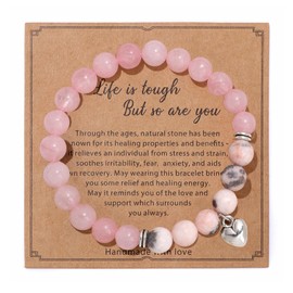 Valicaer 2 Pcs Blessing Bracelet for Women,Natural Stone Crystal Jewelry,Gemstone Zebra Bead & Heart chamm for Meditation Relax Teens Gins Gifs (Clear Pink)