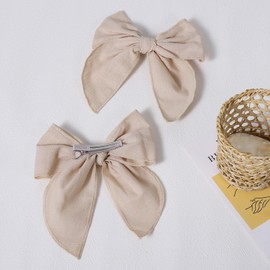 5.5" Beige Cotton Linen Ribbon Hair Bows 2pc Fable Sailor Hair Bow Clips Alligator Barrettes for Teens Toddler Girls Kids Back School Gift Women Happy Fall Dress Accessories