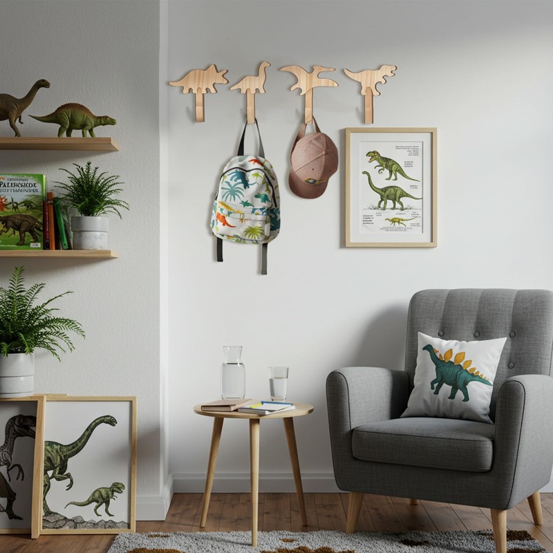 Kathfly 4 Pcs Dinosaur Coat Hooks Dinosaur Wooden Clothing Hanger