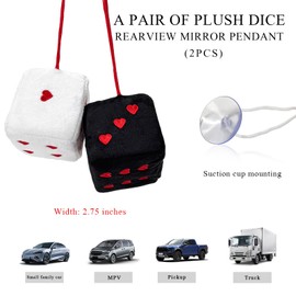 Gasedin 1 Pair Fuzzy Plush Dice for Car Mirror, 3'' Retro Square Dice with Heart-Shape, Plush Retro Dice Hanging Ornament, Universal Interior Hanging Dice Decor for Men Women (Black & White)