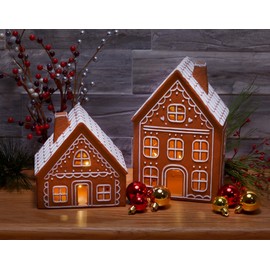 Mark Feldstein & Associates Ceramic Iced Gingerbread Houses Holiday Pre Lit LED Village Figurines, Set of 2, 9 Inch