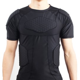 Jellybro Mens Padded Compression Shirt Chest Rib Protector Boys Football Training Shirt for Basketball Soccer Paintball Rugby Black