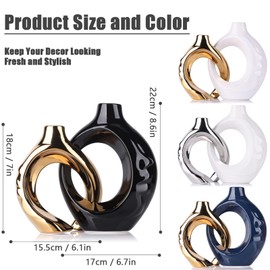 Black Gold Ceramic Vase Set of 2 for Modern Home Decor,Round Boho Vase for Pampas Grass,Neutral Minimalist Statue for Dining Room Table Centerpiece Dining Room,Wedding Table Decoration