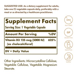 Solgar Vitamin D3 (Cholecalciferol) 125 mcg (5,000 IU) Vegetable Capsules - 240 Count