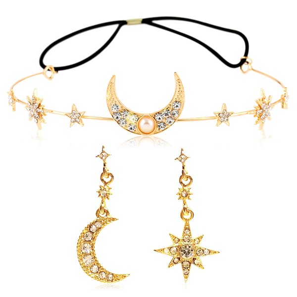 JeVenis - Diadema barroca con diseño de estrellas de la luna, tiara y corona, diadema para cosplay, fiesta de boda