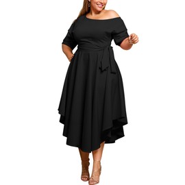 WUSENST Black Dresses for Women Formal Cocktail Plus Size Casual Boat Neck Short Sleeve Flowy Irregularly Midi Dress with Belts
